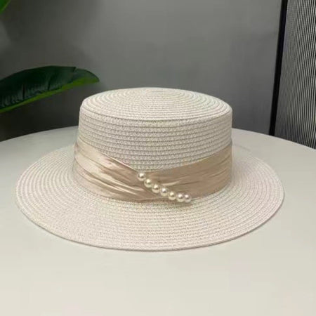 2024 Summer French Elegant Beach Straw Hats for Women Visor Fitted Hat Brim Jazz Travel Pearl Female Casual Panama Hat Suncap