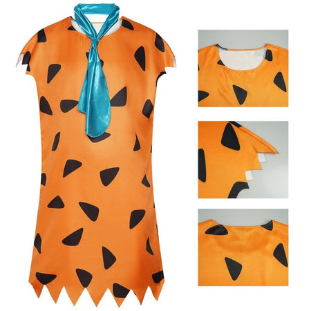 unisex Caveman Cosplay Costume Orange dress With Blue Tie Stone Age Outfit For Theme Party Masquerade Carnival Halloween Cosplay