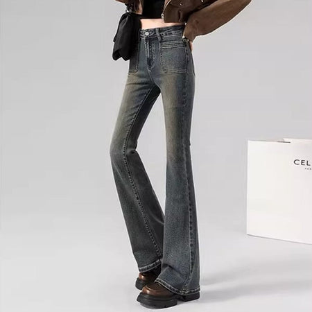 Spring Woman High Waist Vintage Flare Jeans Girls Korean Y2k 2000s Bell Bottom Pants Female Streetwear Gray Blue Denim Trousers