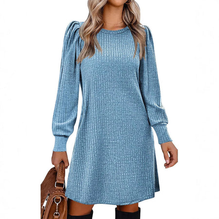 Y2K autumn and winter women's crew neck solid color sweater bubble sleeve fashion commuter dress comfortable casual loose dress