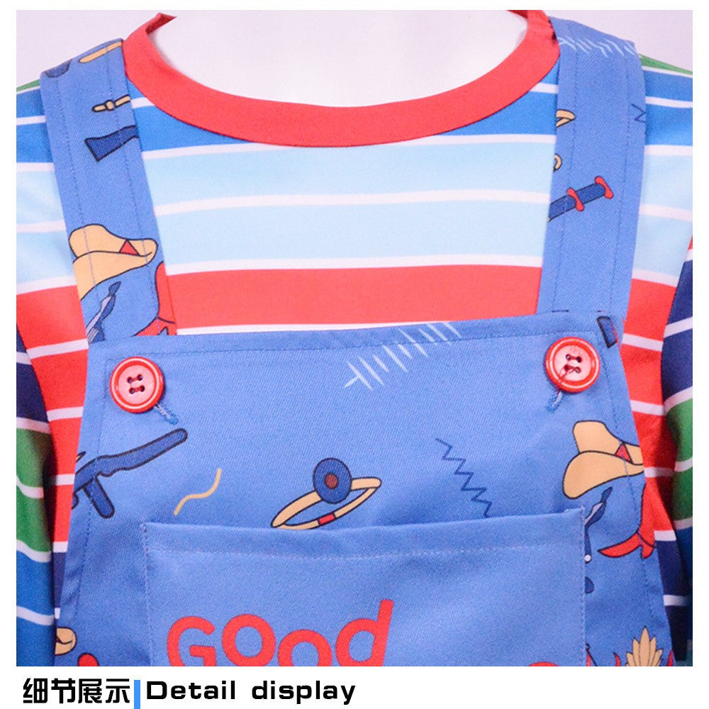 Movie Horror  Chucky  Adult Chucky Cosplay Costume with Striped Shirt and Jumpsuit for Chucky Overalls Halloween Costumes