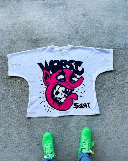 American Hip-hop Anime Print Oversized T-shirt Men Retro Trendy Streetwear Top Pure Cotton Round Neck Casual Loose Short Sleeves