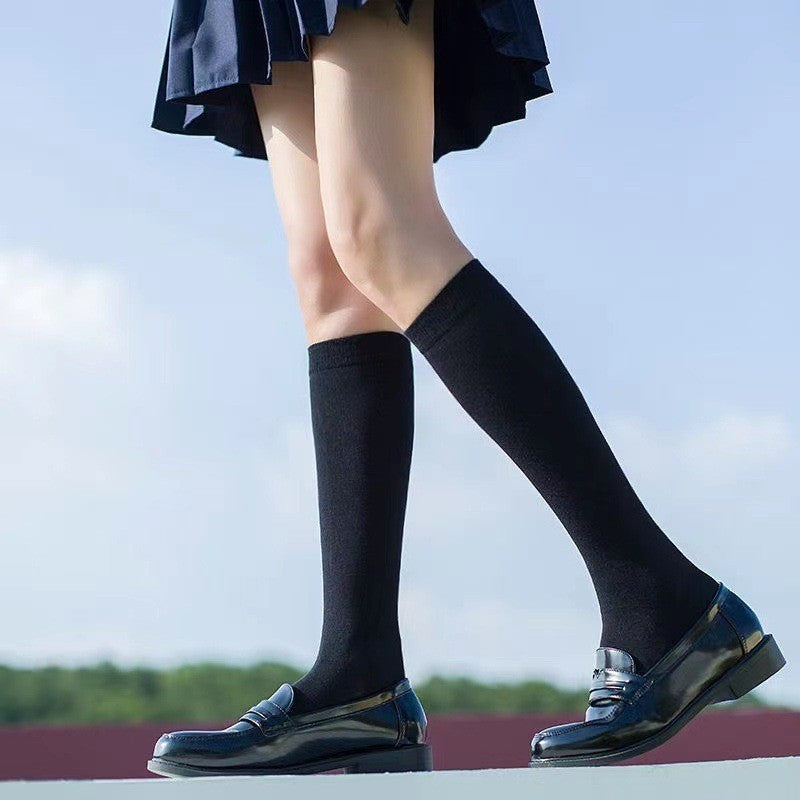 JK Women Black White Knee High Lolita Socks Lady Girls Over Knee Cute Long Sock Thin Breathable Solid Color Stockings For Women