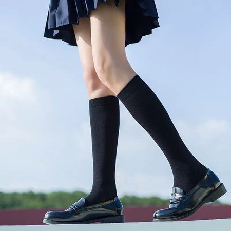 JK Women Black White Knee High Lolita Socks Lady Girls Over Knee Cute Long Sock Thin Breathable Solid Color Stockings For Women