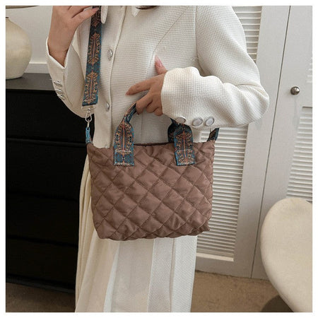 Women Wide Shoulder Belt Handbag Fall/Winter Rhombus Space Cotton Shoulder Bag Large Capacity All-Match Shopping Tote Bag