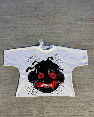 American Hip-hop Anime Print Oversized T-shirt Men Retro Trendy Streetwear Top Pure Cotton Round Neck Casual Loose Short Sleeves
