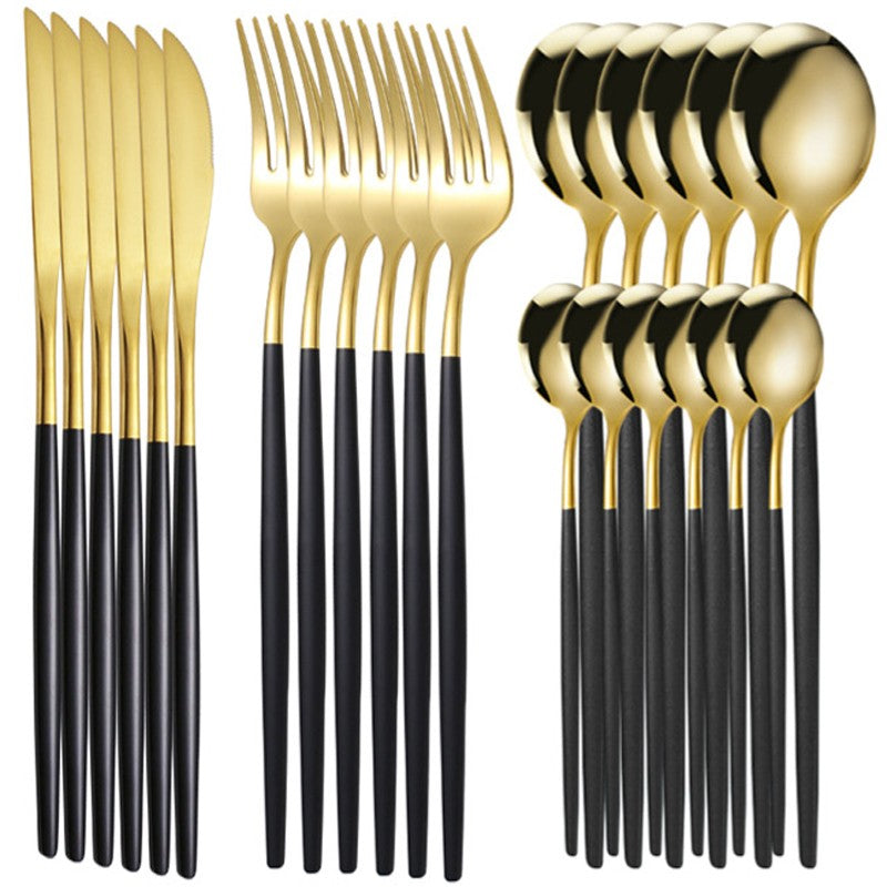 24Pcs Stainless Steel Dinnerware Set Black Gold Cutlery Spoon Fork Knife Western Cutleri Silverware Flatware Tableware Supplies