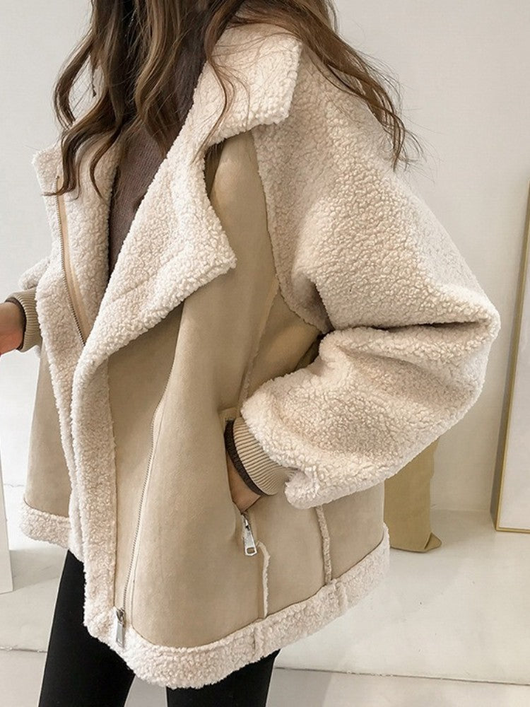 Autumn Winter New in Loose Retro Fur Integrated Suede Jacket Women's Short Casual Warm Lamb Fleece Motorcycle Jacket Tops