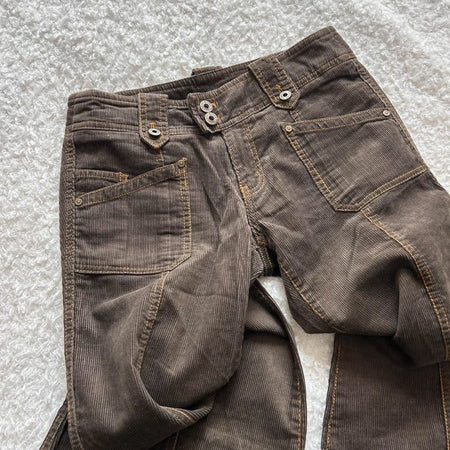 Y2K Brown Flared Jeans Womens Clothing Goth Retro Multi Pockets Low Rise Denim Trousers Harajuku Hot Girl Sexy Slim Jean Pants