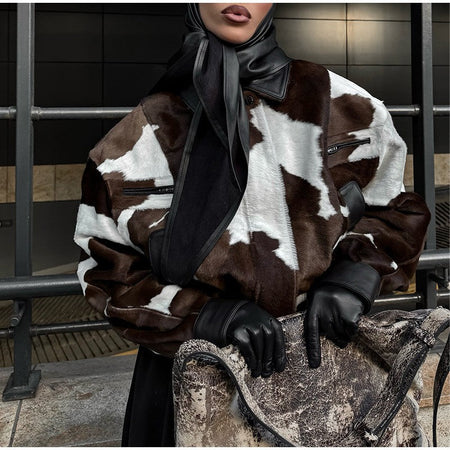 Fashion Women's Cow Print Jacket Lapel Collar Short Length Zipper Button Coats 2025 Autumn Winter Female Trendy Warm Outerwear