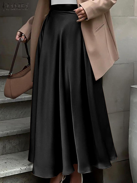 2025 Stylish Autumn High Waist Party Satin Skirts ZANZEA Women Jupe Plus Size Solid A-line OL Work Faldas Saia Maxi Long Skirt