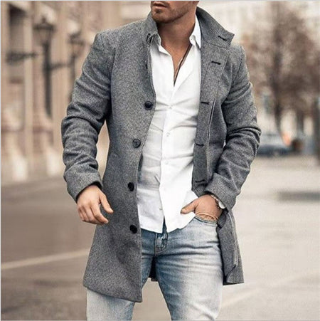 European and American Woolen Overcoat for Autumn and Winter. Korean Style Fashionable Men's Stand-up Collar Woolen Overcoat.