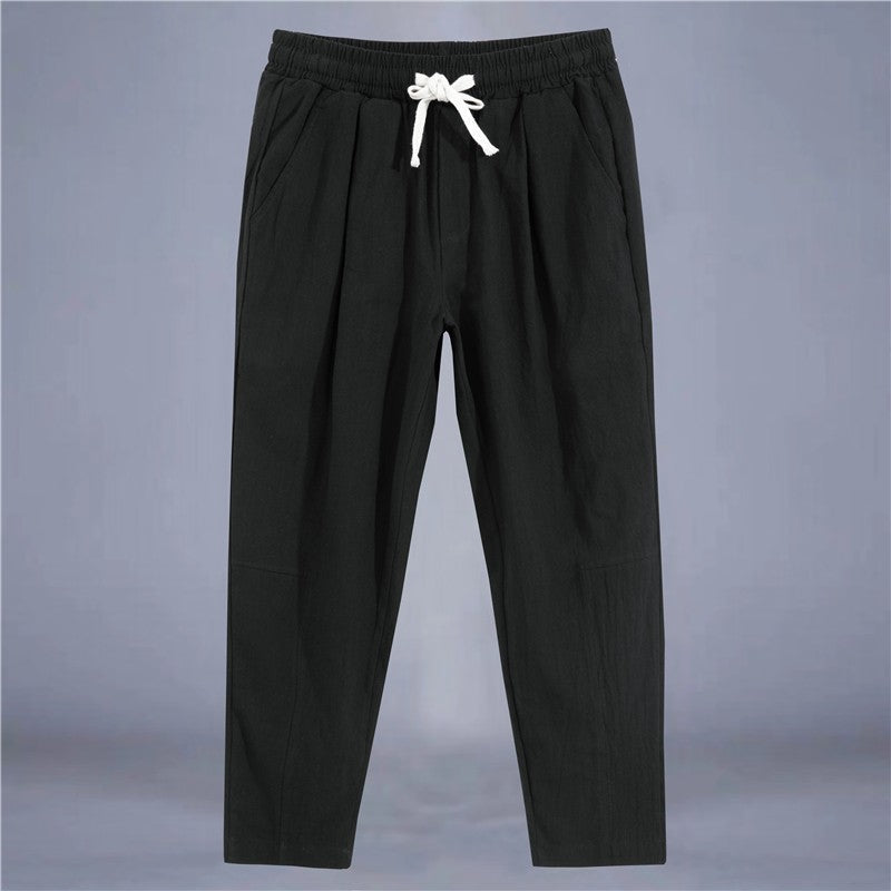 Men's Trousers Cotton Linen Fashion Casual Pants Solid Color Breathable Loose Shorts Straight Drawstring Pants Streetwear Men