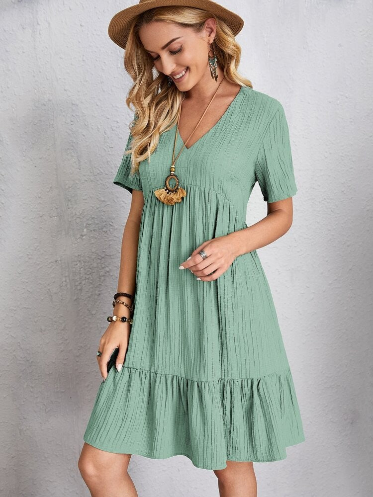 Women Elegant Short Sleeve V Neck Ruffles Dress Summer Casual Solid Loose Mini Dress Chic Bohemian Sundress Beach Party Vestidos