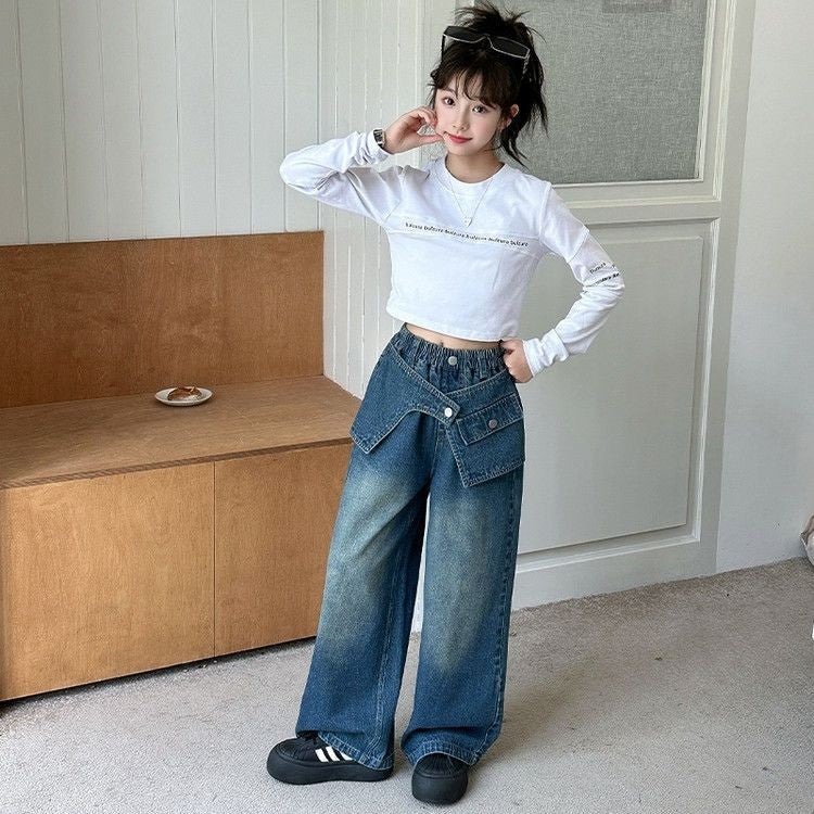2025 Autumn Trendy Korean Style Flared Jeans for Girls - Medium & Large Kids, Ruffled Long Pants for Junior High Students