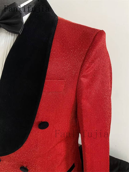 Fanlifujia Luxury Red Glitter Suits Men Groom Wedding Tuxedo Double Breasted Blazer Formal Evening Party Prom Dress 2 Pieces Set