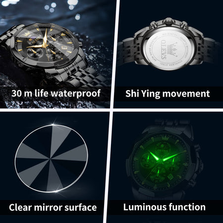 OLEVS Original Fashion Moon Phase Men's Watches Waterproof Chronograph Quartz Watch Stainless steel Calendar Brand Wristwatch
