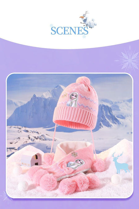 Disney Elsa Cartoon Cute Student Hat and Scarf Creative Kawaii Girls Princess Winter Warm Three-Piece Set Christmas Gift