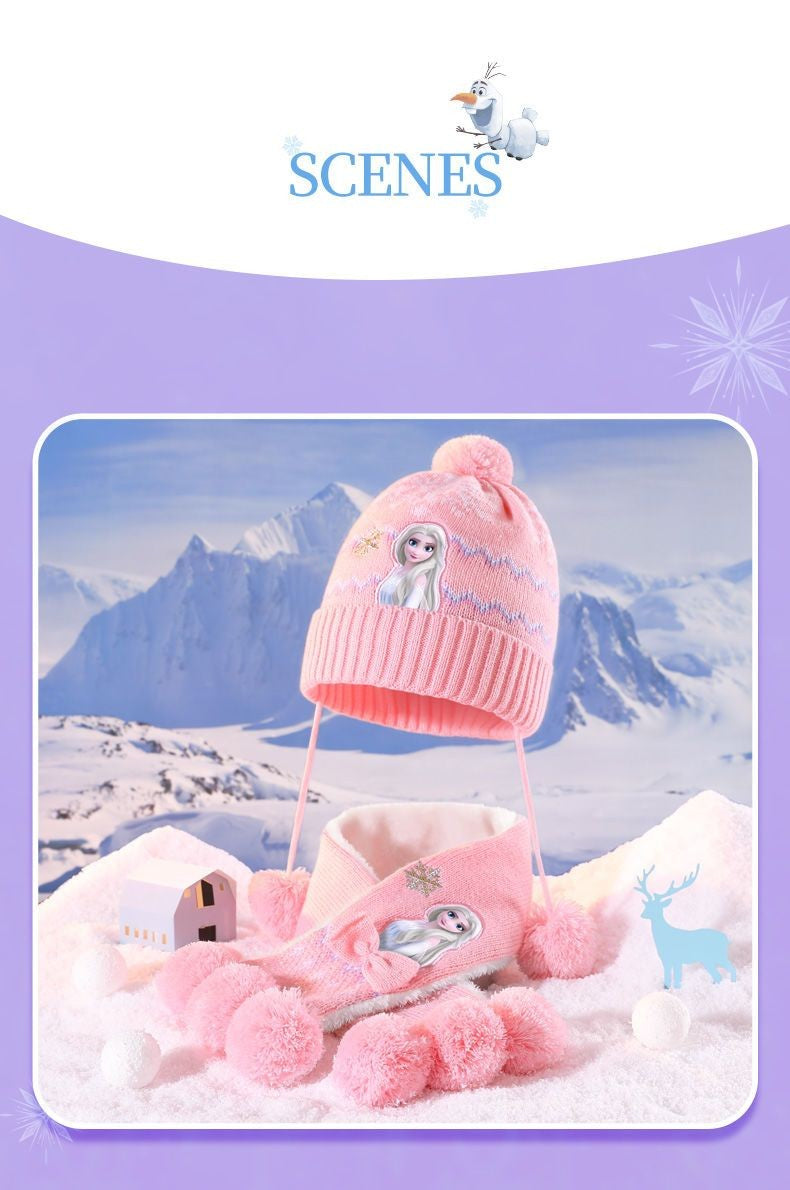 Disney Elsa Cartoon Cute Student Hat and Scarf Creative Kawaii Girls Princess Winter Warm Three-Piece Set Christmas Gift
