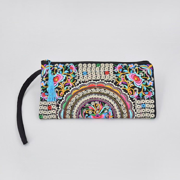 Ethnic Floral Embroidery Long Wallet Wristlet Clutch Bag Phone Vintage Embroidered Wristlet Clutch Evening Bag Wallets for Women