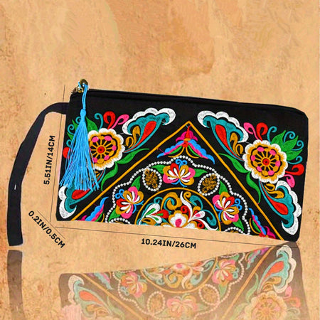 Ethnic Floral Embroidery Long Wallet Wristlet Clutch Bag Phone Vintage Embroidered Wristlet Clutch Evening Bag Wallets for Women