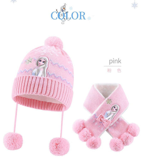 Disney Elsa Cartoon Cute Student Hat and Scarf Creative Kawaii Girls Princess Winter Warm Three-Piece Set Christmas Gift