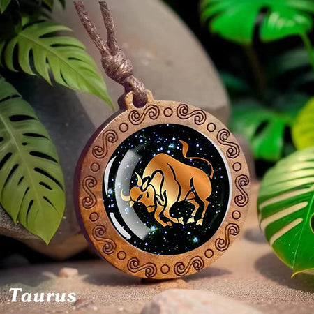 Vintage 12 Zodiac Sign Glass Wooden Necklace Adjustbale Long Rope Chain Necklace Constellation Jewelry