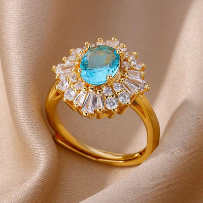 Luxury Stainless Steel Rings Gold Plated Colorful Stone Zircon Crystal Heart Ring For Women Wedding Boho Jewelry Christmas Gift