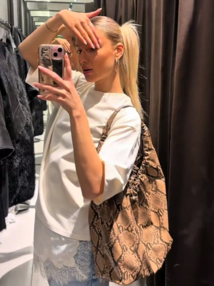 Fashion Lace Patchwork Mid Sleeve Tops for Women Elegant O Neck Loose Female T-shirt Spring New Lady Solid Shirts High Street