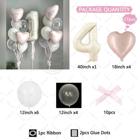 32inch Pink Bows Number Balloons Cream White Beige Number Foil Balloons Pink Bows For Birthday Coquette Themed Party Decor