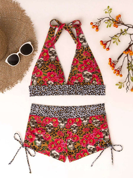 Conservative Skull Print Bikini Women's Swimsuit Flat Briefs New Arrival Swimwear from Mainland China Female Fashionable