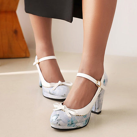 LIHUAMAO 2024 New design print flower Mary jane shoes platform pumps ankle strap round toe pumps party cosplay Ethnic style