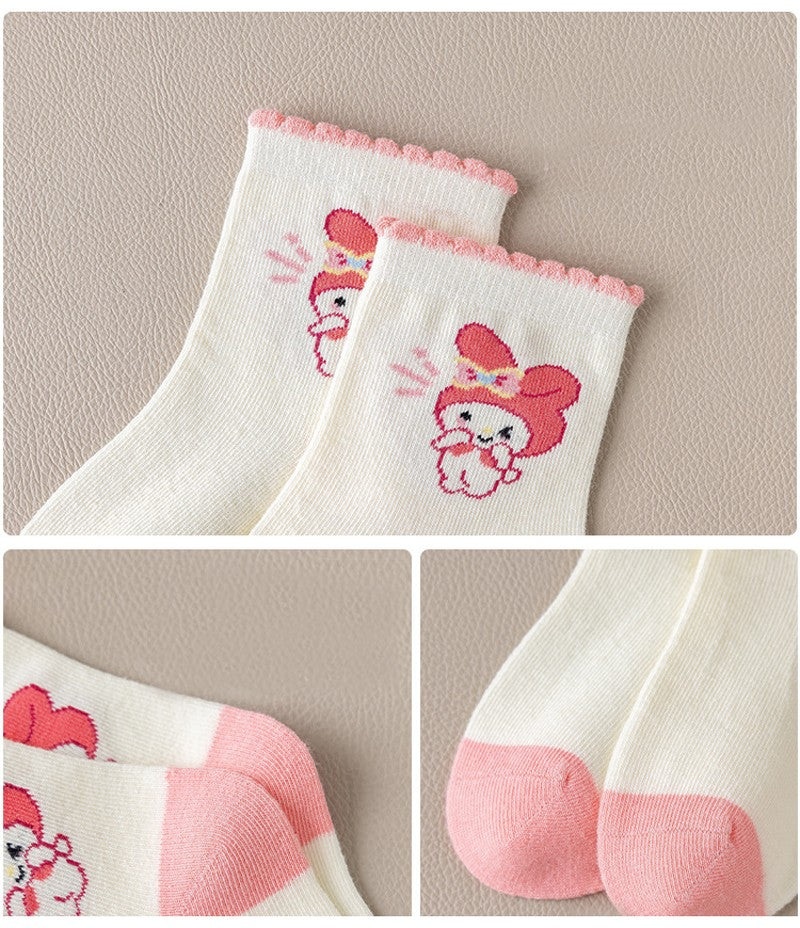 5Pairs Sanrio Cinnamoroll Kuromi Kawaii Spring and Autumn Cartoon Middle Tube Socks For Girls Boy Children Mid-calf Cotton Socks