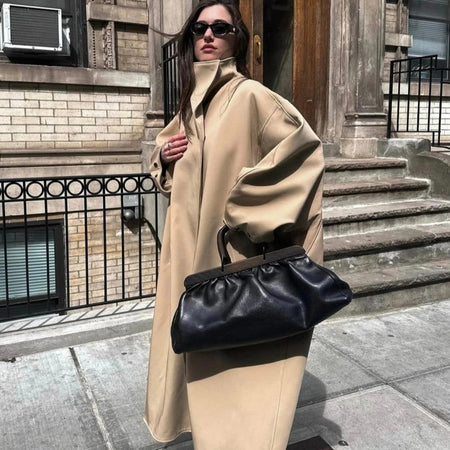 Fashion Loose Women's Trench Coat Stand Collar Batwing Sleeve Oversized Long Coats 2025 New Autumn Casual Street Chic Outwear