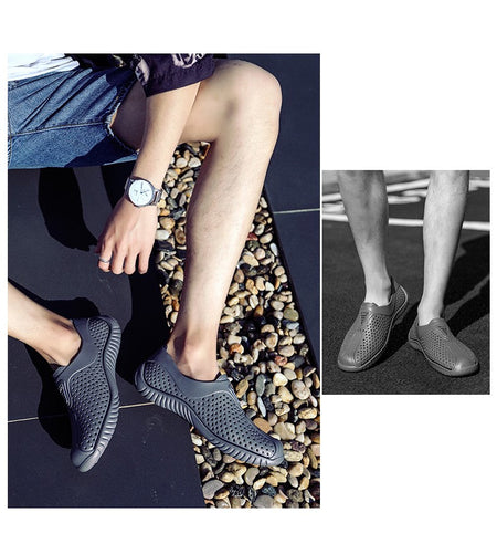 2025 Breathable Summer Men Slippers Outdoor Water Shoes Hollow Ultra Light Beach Shoes Casual Men Sandals  Black Garden Shoes