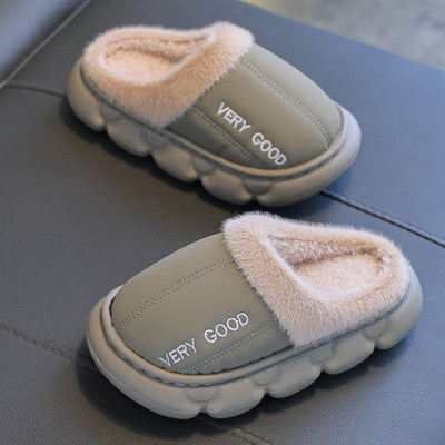 New Children's PU Leather Plush Slippers Soft Sole Non-slip Winter Warm Baby Boys Girls Indoor Home Cotton Shoes