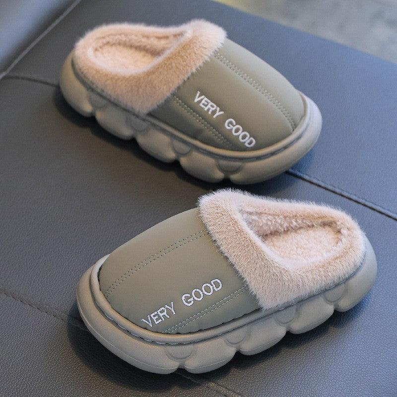 New Children's PU Leather Plush Slippers Soft Sole Non-slip Winter Warm Baby Boys Girls Indoor Home Cotton Shoes