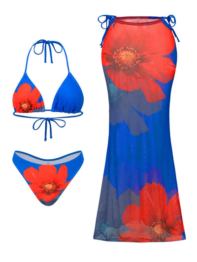 2025 New Flower Print Bikini Set Women's High Waist Long Skirt 3 Piece Swimsuit Sexy Mini Triangle Backless Thong Bathing Suit