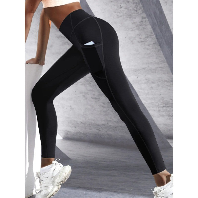 New High Waist Women's Leggings Stretch Yoga Pants Tights With Pockets Push Up Fitness Running Sportswear Solid Color Pants