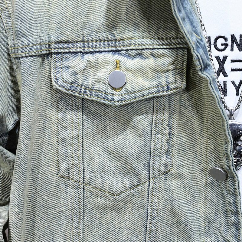 Men's casual denim jacket for spring and fall, metallic single-breasted denim jacket size M-5XL
