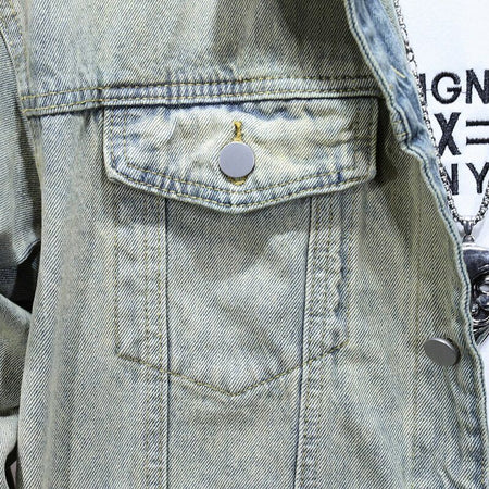 Men's casual denim jacket for spring and fall, metallic single-breasted denim jacket size M-5XL