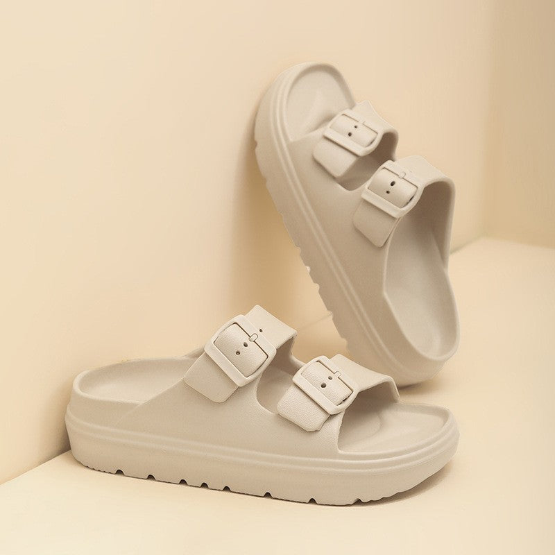 Bebealy Summer Breathable Soft-soled Beach Shoes Women Outdoor Double Buckle Embellished Sandals Non-slip Thick Sole Slippers