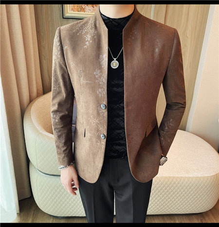 Men's New Chinese Stand Collar Blazer Jacket 2025 Fashion Elegant Printed Slim Fit Business Suits Jacket Tailcoat Men Clothing
