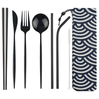 8pcs Portable Travel Knife Fork Spoon Chopsticks Straw Dinneware Set Blue Cutlery Set 304 Stainless Steel Silverware with Pouch