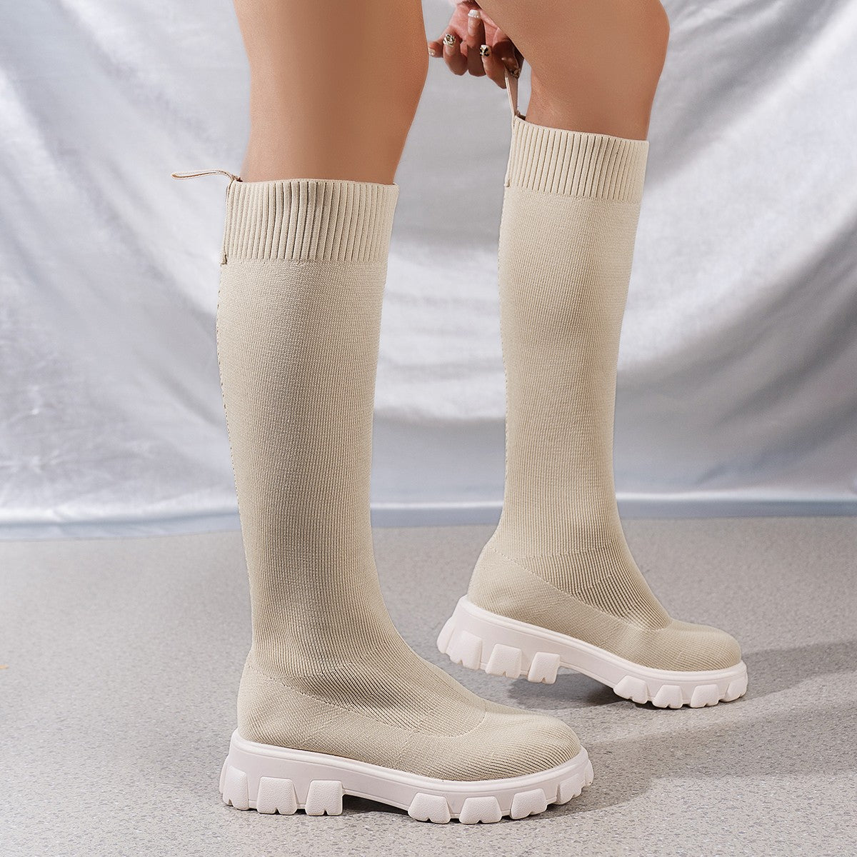 Woman Sock Boots Heels Over The Knee Botas Feminina Woman Long Elastic Botines autumn Winter New Brand Knitting Plush