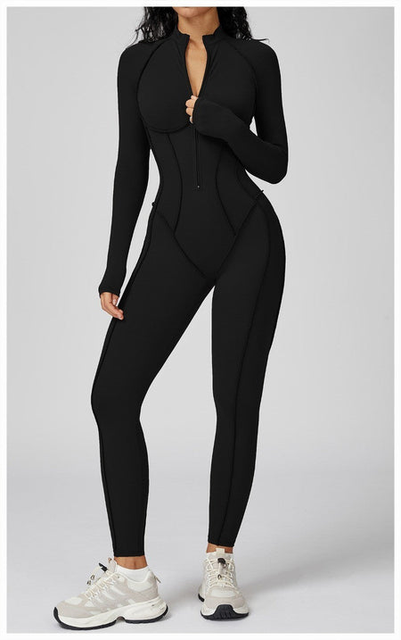 Women's Yoga Jumpsuit Long Sleeved Stand Collar Half Zip High-Intensity Workout One Piece Contrast Color Gym Fitness BodySuit