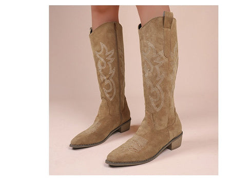 Embroidered Western Cowboy Boots for Women Autumn Pointed Toe Thick Heel High Knee Boots Woman Loose PU Leather Long Botas Mujer
