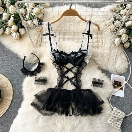Role Student Complete Maid Cosplay School Costume Set Ruffle Cosplay Vacation Halloween Outfit Halter Dress Set Outfit Costume