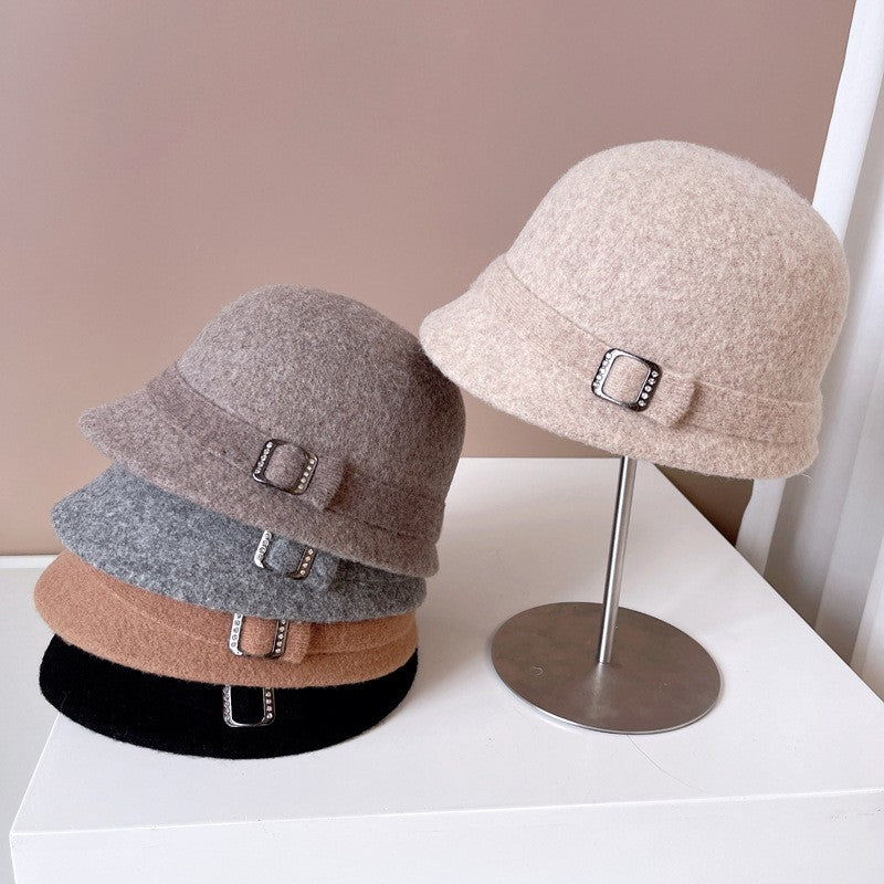 Japanese Wool Hat Women's Autumn and Winter Warm Knitted Hat Diamond Buckle Ribbon Fisherman Hat Front and Back Small Basin Hat