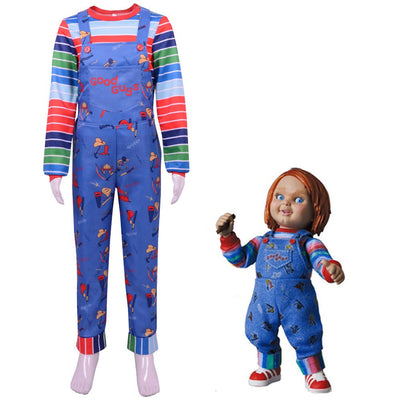 Movie Horror  Chucky  Adult Chucky Cosplay Costume with Striped Shirt and Jumpsuit for Chucky Overalls Halloween Costumes